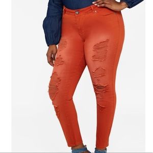 Plus size Orange distressed skinny jeans